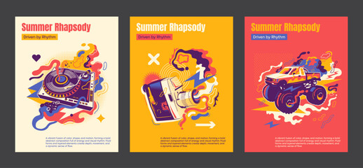 Obraz premium Abstract retro summer poster set with bold colors and dynamic shapes inspired by urban lifestyle. Vector illustration.