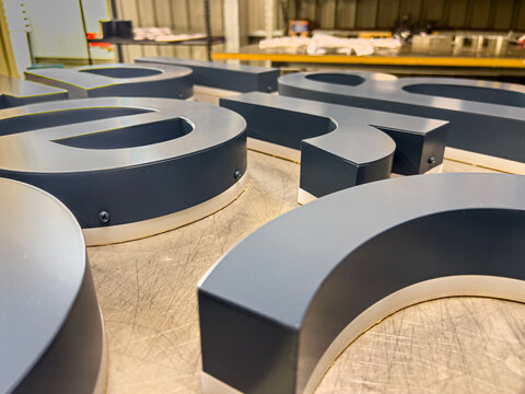 Stainless Steel Channel Letters Fabrication Metal Sign Components Workshop Close Up