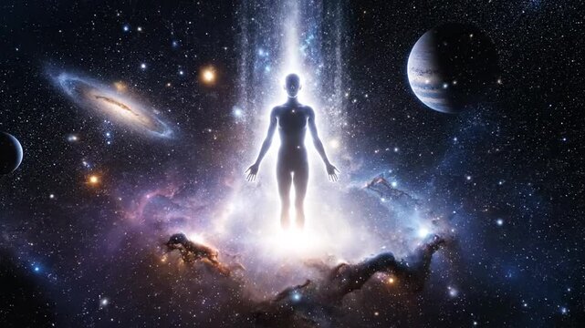 Astral being illuminated amidst celestial galaxies and cosmic nebulas