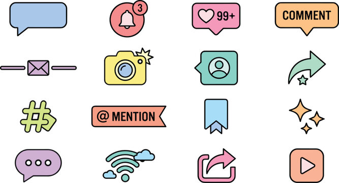 Social media communication icon set with chat bubbles, hashtag, mention, comment, camera, wifi, share and notification symbols in pastel colors for apps, web design, digital marketing and interfaces