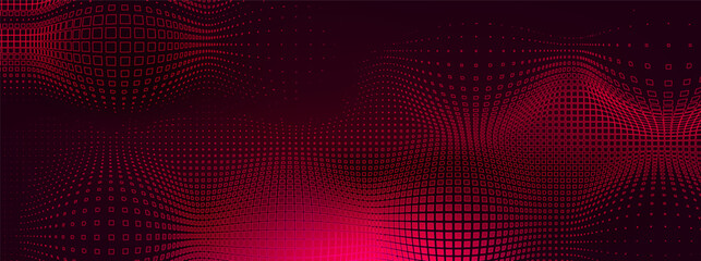Abstract red tech background with seamless geometric pattern on black background. Vector realistic illustration of futuristic wallpaper design with convex digital grid, data breach warning display