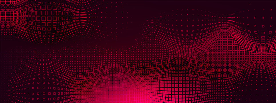 Abstract red tech background with seamless geometric pattern on black background. Vector realistic illustration of futuristic wallpaper design with convex digital grid, data breach warning display