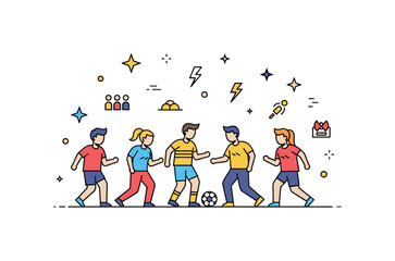 Fototapeta premium Group of friends sports activity concept where people play soccer together while small sparkle and line icons emphasize teamwork, energy, and fun.