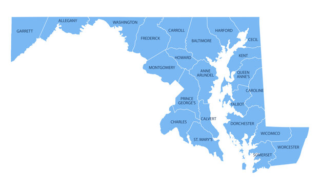 Maryland County Map, Detailed Vector Illustration of USA Administrative Boundaries