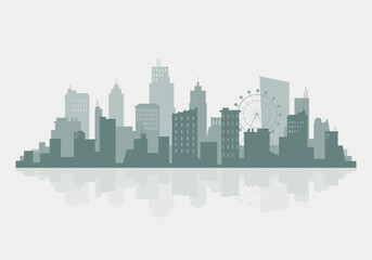 Fototapeta premium City Skyline Silhouette with Ferris Wheel and Water Reflection, Vector Urban Landscape Illustration