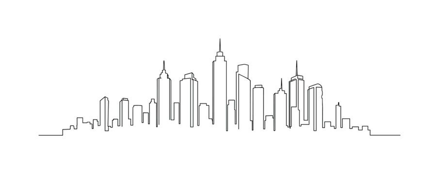 City Horizon. Minimalistic one-line drawing silhouette of tall buildings along horizon, continuous single black line on white background, simple outline style,