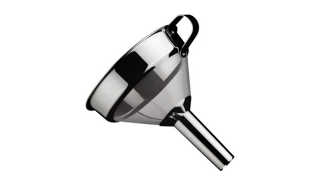Polished stainless steel mesh strainer funnel with long handle, isolated on transparent background for culinary uses and liquid filtration