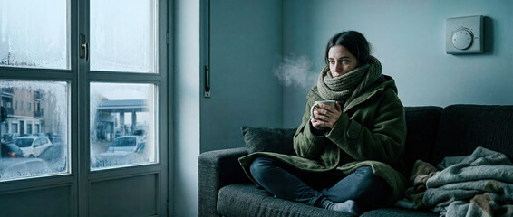 woman sitting in cold apartment holding hot mug during heating crisis