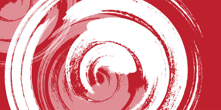 Abstract grunge swirl design with bold red background and large circular brush strokes forming spiral patterns, High-contrast composition featuring rough