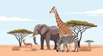 Obraz premium African Safari Animals Elephant Giraffe Zebra Antelope in Savanna.
