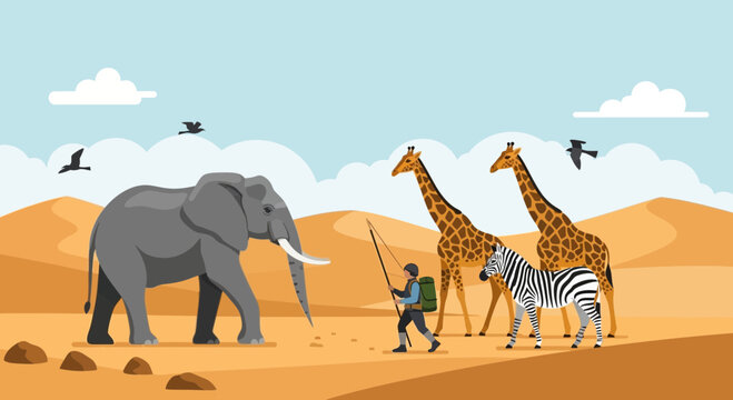 African Safari Adventure with Elephant Giraffe Zebra and Explorer.
