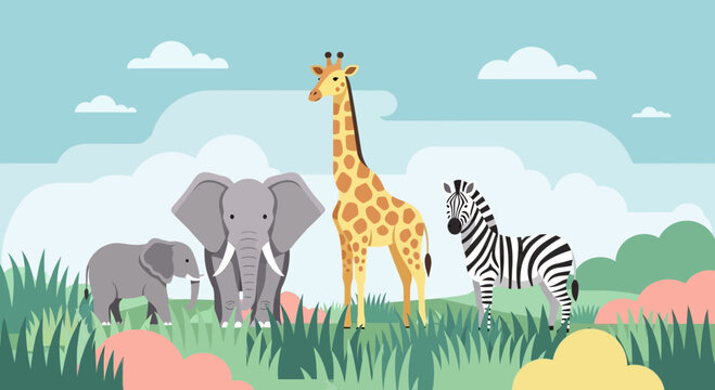 African Safari Animals Elephant Giraffe Zebra Group.