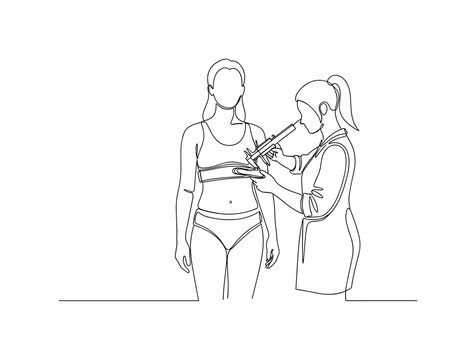 Body Metrics Measurement. Minimalistic one-line drawing person being measured with calipers or scanner, continuous single black line on white background,