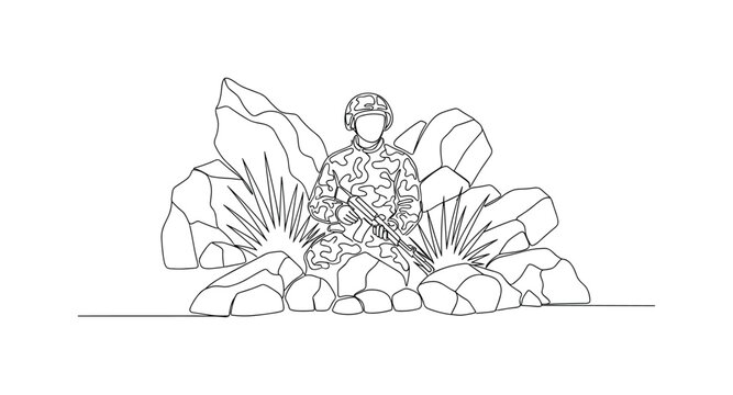 Natural Concealment. Minimalistic one-line drawing person hiding among rocks and foliage in camo, continuous single black line on white background, simple
