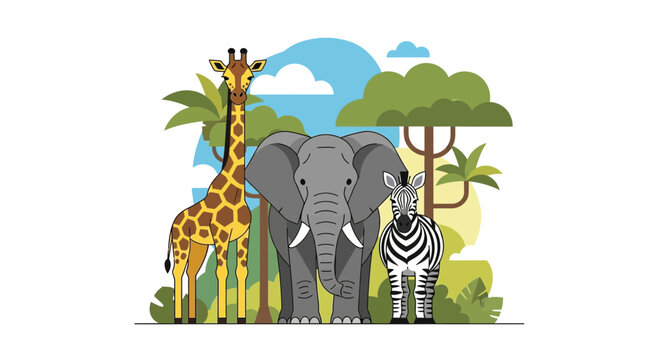 African Safari Animals Elephant Giraffe Zebra Illustration 2.