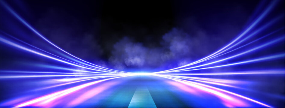 Dynamic road motion with neon light trails and speed effect at night, abstract vector background. Futuristic highway perspective with glowing purple energy lines, blur and smoke clouds