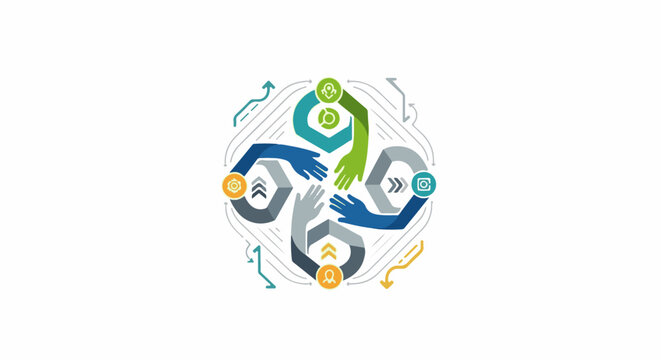 Abstract circular design with interconnected hands and abstract shapes