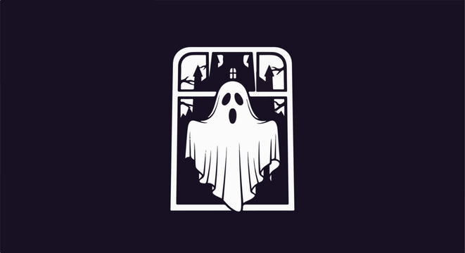 Spooky ghost appears at a broken window of a haunted house