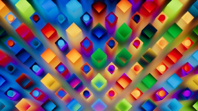 Abstract multicolored background. Neon grid with geometric shapes and color highlights. 3D render effect.