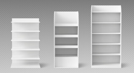 White supermarket shelf displays, empty shelves for product placement, realistic vector template isolated on transparent background. Clean retail rack mockup for store merchandising, shop furniture © klyaksun
