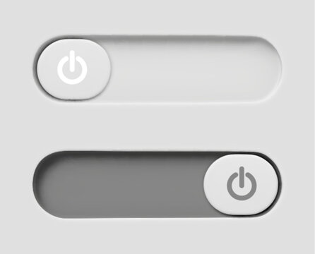 Modern 3D toggle switch icons with slider button, on and off mode, realistic vector illustration. Grey vector UI element for web interface design, active and inactive states