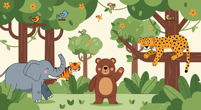 Cute cartoon animals in a jungle setting.