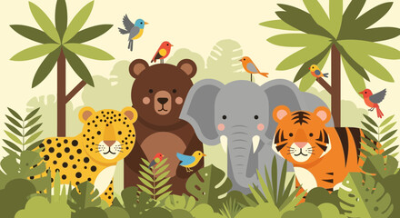 Naklejka premium Cute cartoon jungle animals group illustration.