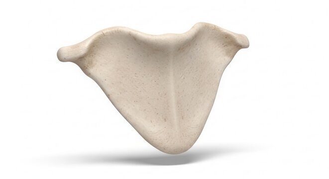 Posterior view of a human scapula bone, isolated on a white background with a soft shadow, showcasing anatomical detail.
