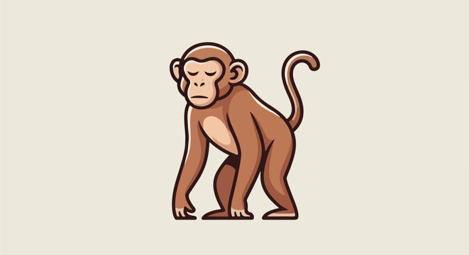 Cartoon monkey with sad expression, hunched over on beige background