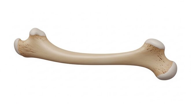 Anatomy of a human femur bone, isolated on a white background, showing its structure and form for medical study.