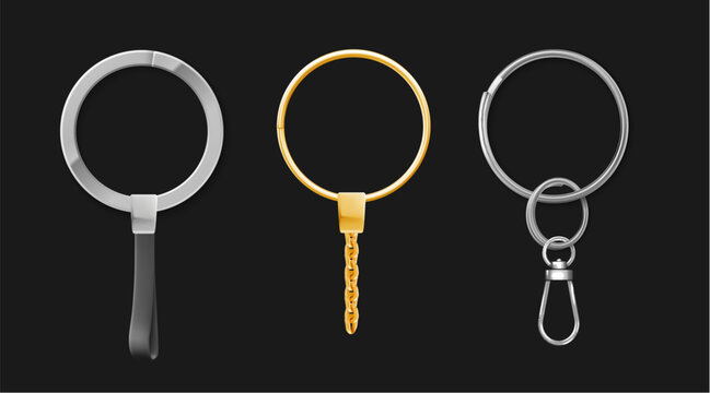 Silver, gold metal keychains set isolated on black background. Vector realistic illustration of steel key accessory with chain and clasp, car or house key holder, round ring and decorative keychain