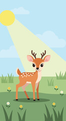 Fototapeta premium A cute cartoon deer standing in a sunny meadow filled with small colorful flowers