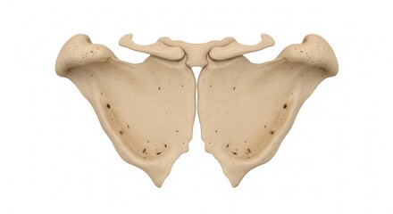 Fototapeta premium Detailed posterior view of two human scapulae, showcasing the anatomical structure of the shoulder blades on a white background.
