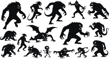 Black monster silhouette vector set featuring scary fantasy creatures demons and beastly characters for gaming and halloween design projects, 15 to 20 words.Black monster silhouette vector set featuri © Md
