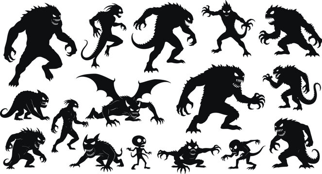 Black monster silhouette vector set featuring scary fantasy creatures demons and beastly characters for gaming and halloween design projects, 15 to 20 words.Black monster silhouette vector set featuri