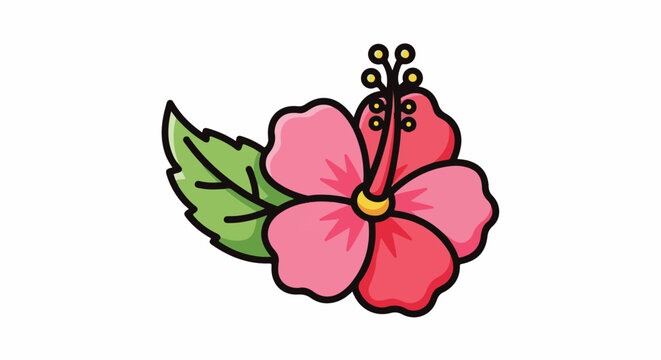 A vibrant pink hibiscus flower with a green leaf