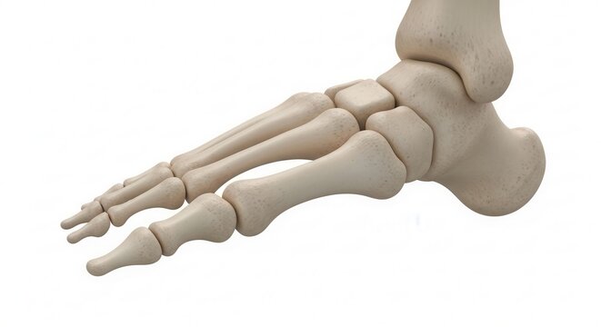 Detailed anatomical illustration of the human foot bones, showcasing the tarsals, metatarsals, and phalanges in a realistic rendering.