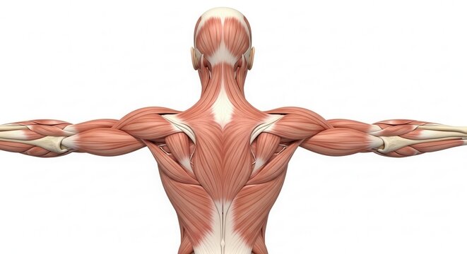 Detailed anatomical view of the human back muscles and upper body, isolated on a white background, showing the posterior muscular system.