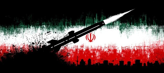Naklejka premium Missile rocket with Iran flag background. Generative AI technology.