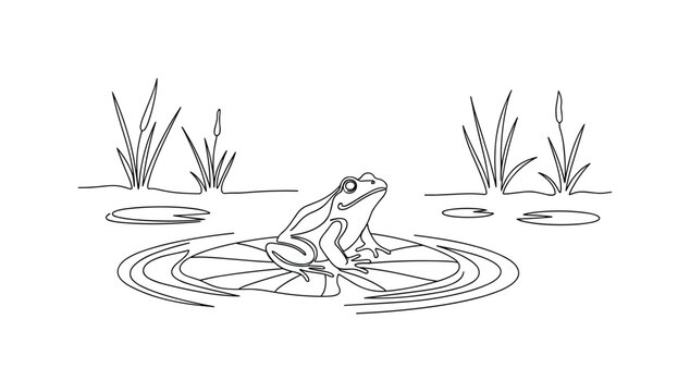 Floating Lily Pad. Minimalistic one-line drawing frog on pad with rippling pond and plants, continuous single black line on white background, simple outline