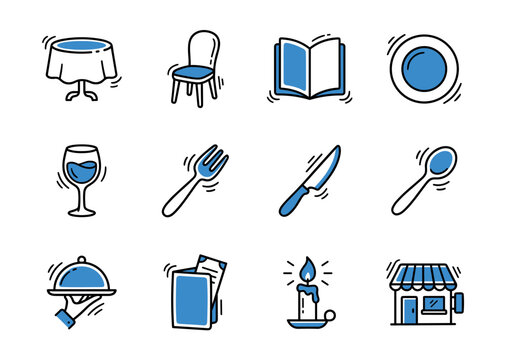 Collection of restaurant and dining icons in a simple, clean doodle style