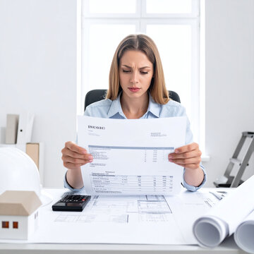 Stressed professional woman reviewing a construction invoice amidst blueprints. Perfect for themes of financial planning, unexpected building costs, and real estate project management.