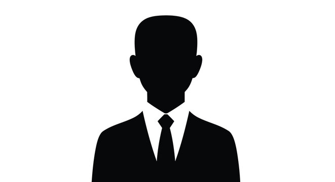 A stark silhouette depicts a man in a suit and tie against a plain white background