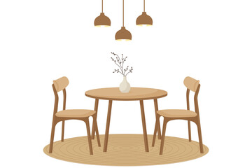 Fototapeta premium Dining table and chairs in japandi style interior with pendant lamps vector illustration.