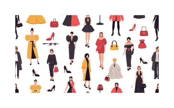 haute couture icons seamless pattern, repeating pattern, surface design, textile print, modern illustration of models, statement dresses, runway shoes, bold