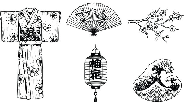 A kimono vector illustration set with traditional Japanese designs and symbols