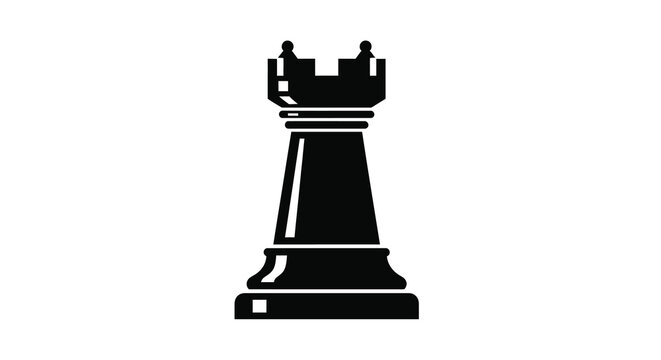 A stark black silhouette of a chess rook a game piece with a castle like design