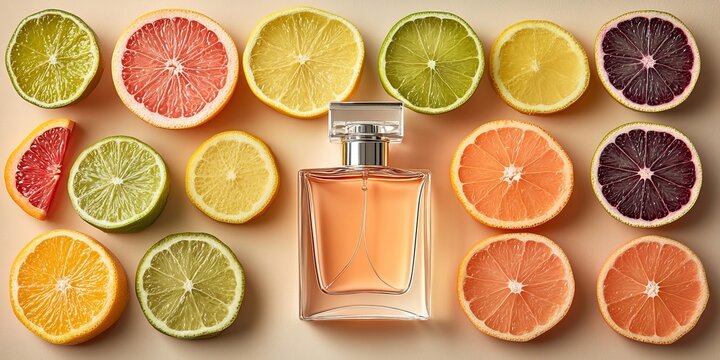 Stylish perfume bottle with vibrant citrus slices, embodying fresh and zesty fragrance notes.