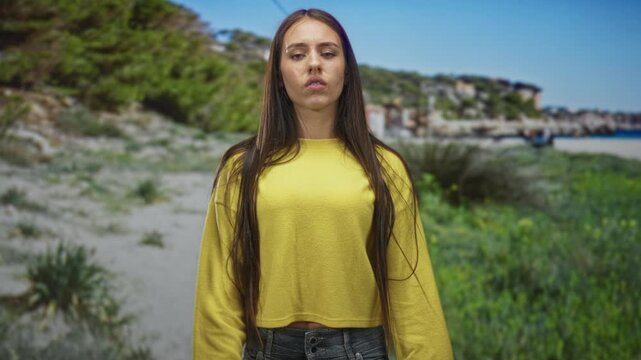 Teenage girl in yellow sweater with arms crossed showing exposed navel and pouty face on a sandy beach; stubborn defiance.