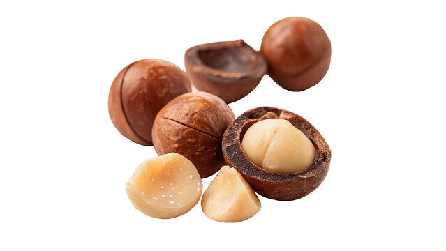 Different types of macadamia nuts  isolated on transparent background cut out
